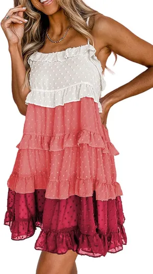Women's Summer Casual Spaghetti Strap Dress Color Block Swiss Dot Flowy Tiered Ruffle Babydoll Mini Dress
