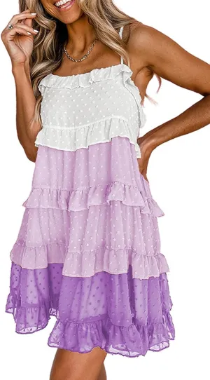 Women's Summer Casual Spaghetti Strap Dress Color Block Swiss Dot Flowy Tiered Ruffle Babydoll Mini Dress