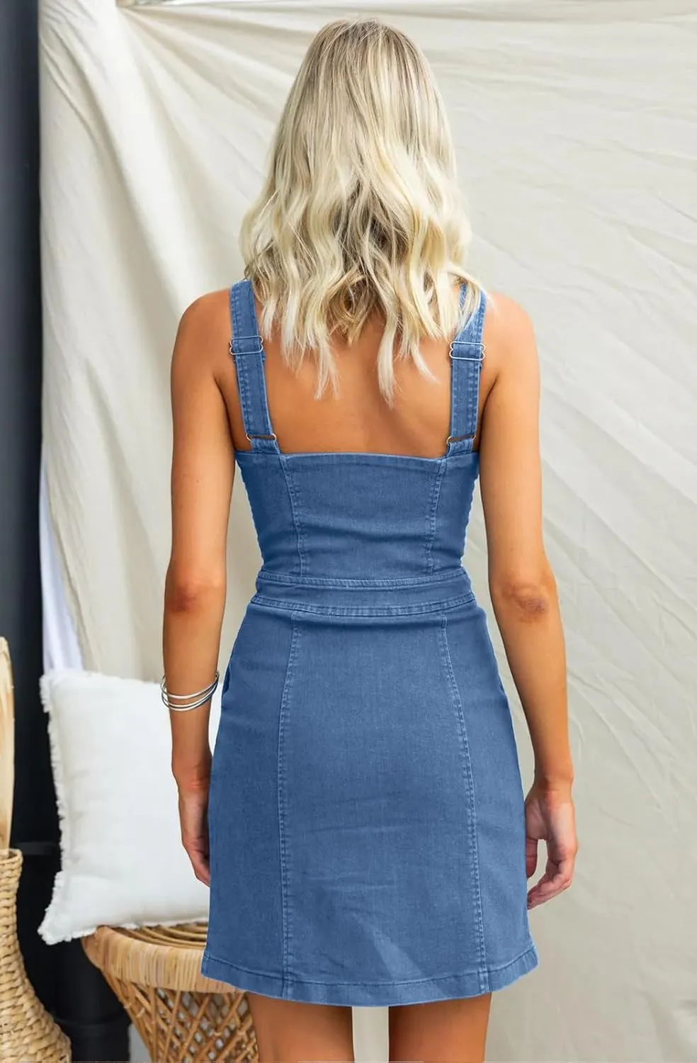 Womens Summer Casual Tank Denim Dress Sleeveless Zipper Front Mini Sexy Jean Dresses with Pockets