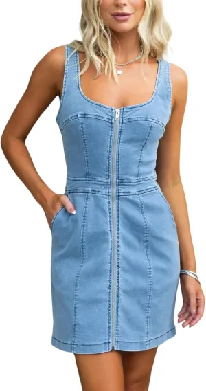 Womens Summer Casual Tank Denim Dress Sleeveless Zipper Front Mini Sexy Jean Dresses with Pockets