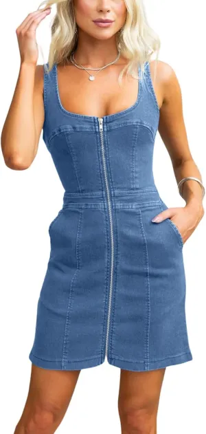 Womens Summer Casual Tank Denim Dress Sleeveless Zipper Front Mini Sexy Jean Dresses with Pockets