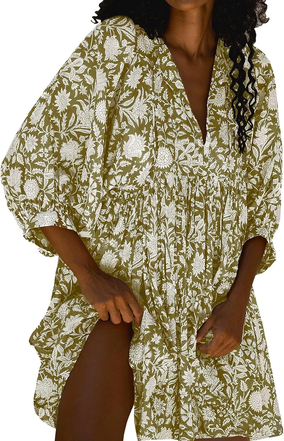 Womens Summer Dresses Casual Boho Floral Babydoll Balloon Sleeve Half Open Tether Flowy Short Beach Dress