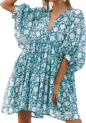 Womens Summer Dresses Casual Boho Floral Babydoll Balloon Sleeve Half Open Tether Flowy Short Beach Dress
