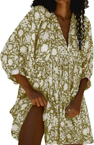Womens Summer Dresses Casual Boho Floral Babydoll Balloon Sleeve Half Open Tether Flowy Short Beach Dress
