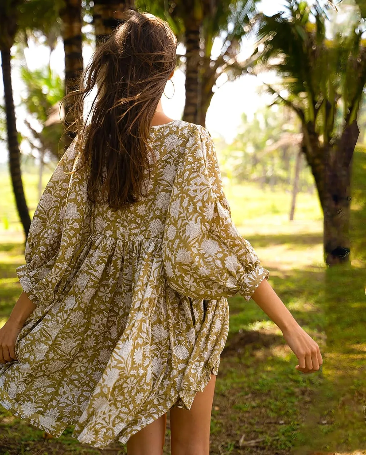 Womens Summer Dresses Casual Boho Floral Babydoll Balloon Sleeve Half Open Tether Flowy Short Beach Dress