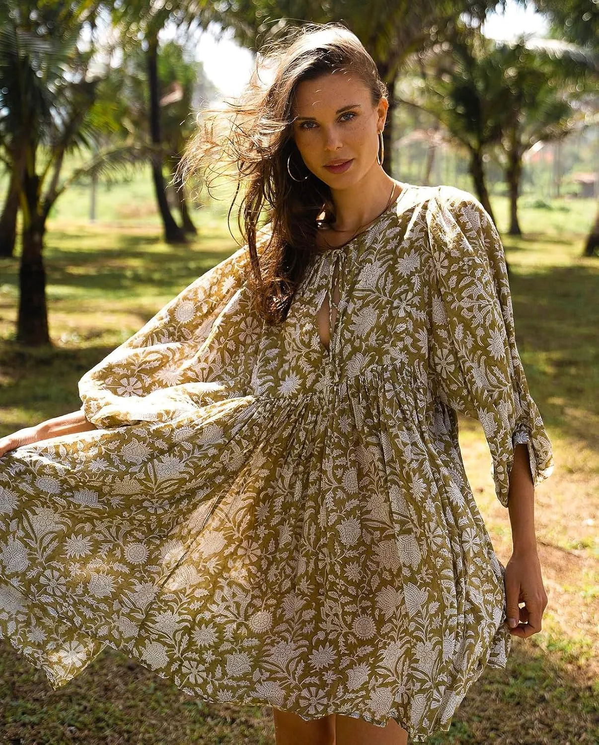 Womens Summer Dresses Casual Boho Floral Babydoll Balloon Sleeve Half Open Tether Flowy Short Beach Dress