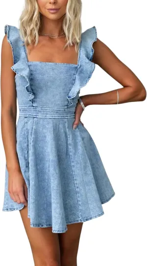 Womens Summer Ruffle Sleeveless Adjustable Strap Denim Mini Dress Casual Backless A Line Short Dress