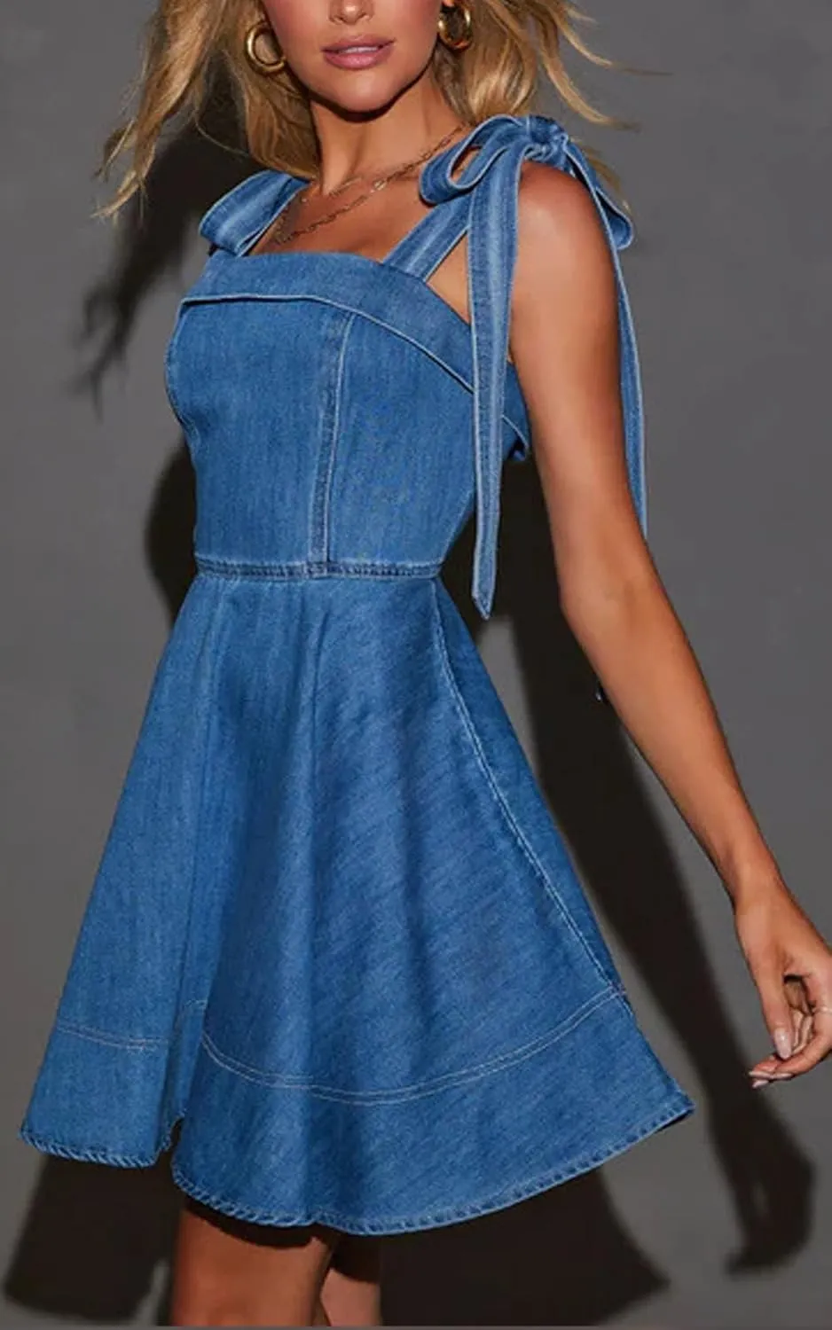 Womens Summer Tie Shoulder Sleeveless Denim Mini Dress Ruffle A Line Swing Short Denim Dress