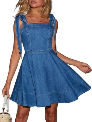 Womens Summer Tie Shoulder Sleeveless Denim Mini Dress Ruffle A Line Swing Short Denim Dress