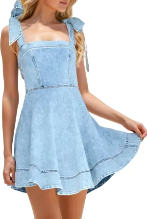 Womens Summer Tie Shoulder Sleeveless Denim Mini Dress Ruffle A Line Swing Short Denim Dress