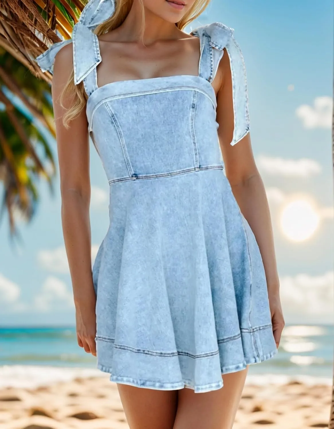Womens Summer Tie Shoulder Sleeveless Denim Mini Dress Ruffle A Line Swing Short Denim Dress