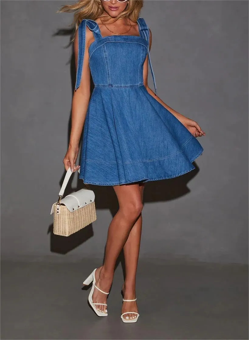 Womens Summer Tie Shoulder Sleeveless Denim Mini Dress Ruffle A Line Swing Short Denim Dress