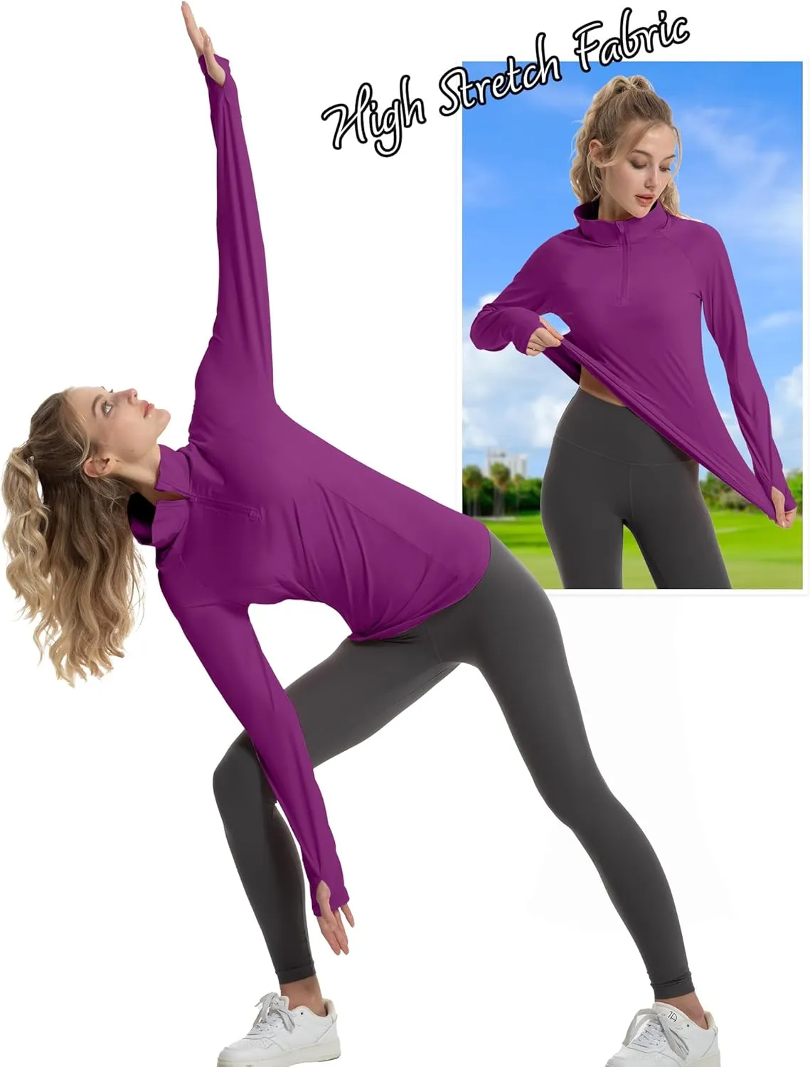 Women's Sun Shirts Long Sleeve Athletic Jackets UPF 50  Top with Thumb Holes Quick Dry for Golf Tennis Hiking