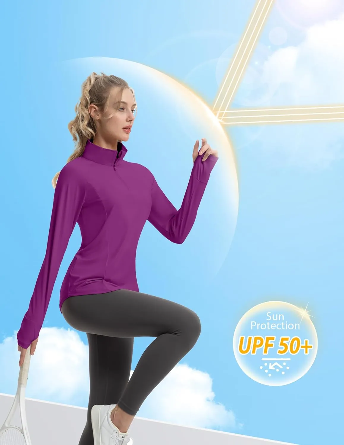 Women's Sun Shirts Long Sleeve Athletic Jackets UPF 50  Top with Thumb Holes Quick Dry for Golf Tennis Hiking
