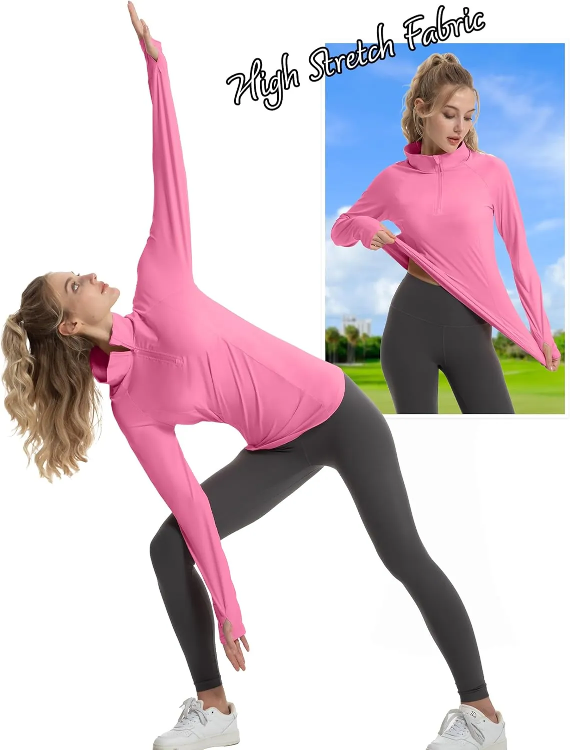 Women's Sun Shirts Long Sleeve Athletic Jackets UPF 50  Top with Thumb Holes Quick Dry for Golf Tennis Hiking
