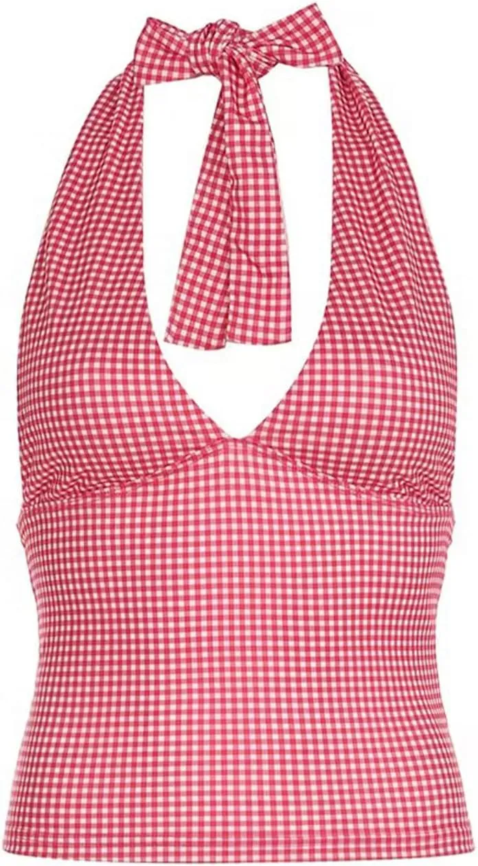 Women's Tie Back Halter Deep V Neck Tank Tops Y2K Sleeveless Backless Tight Fit Cami Shirt Tops