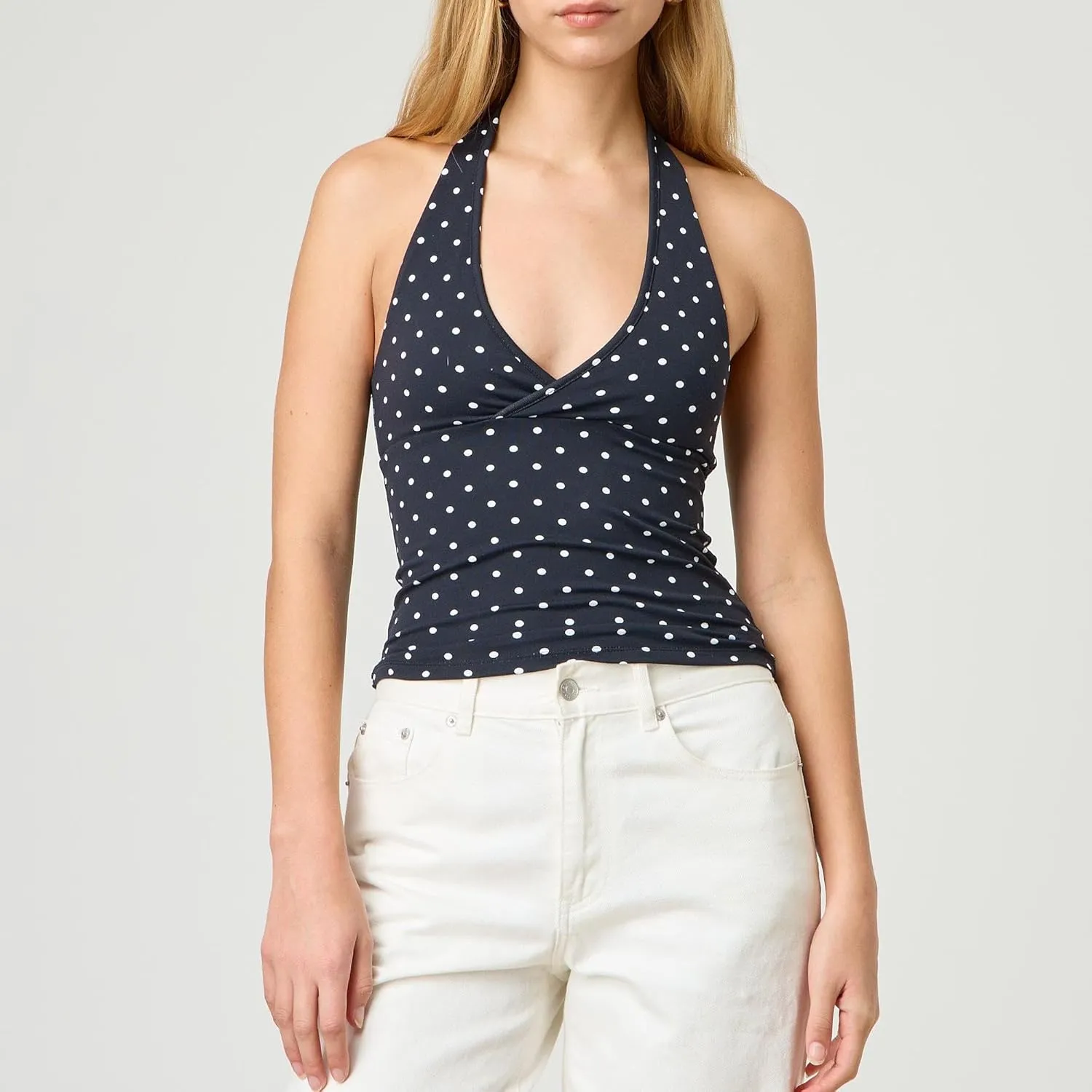 Women's Tie Back Halter Deep V Neck Tank Tops Y2K Sleeveless Backless Tight Fit Cami Shirt Tops