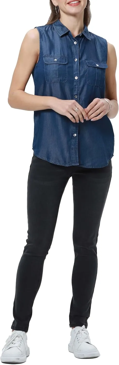 Women's V Neck Denim Tank Sleeveless Button Down Shirts Collared Casual Jean Blouse Tops