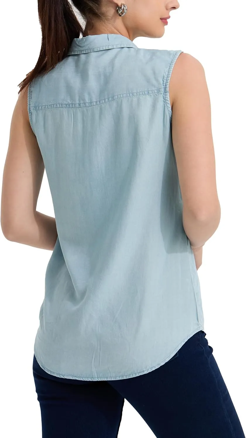 Women's V Neck Denim Tank Sleeveless Button Down Shirts Collared Casual Jean Blouse Tops