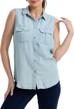 Women's V Neck Denim Tank Sleeveless Button Down Shirts Collared Casual Jean Blouse Tops