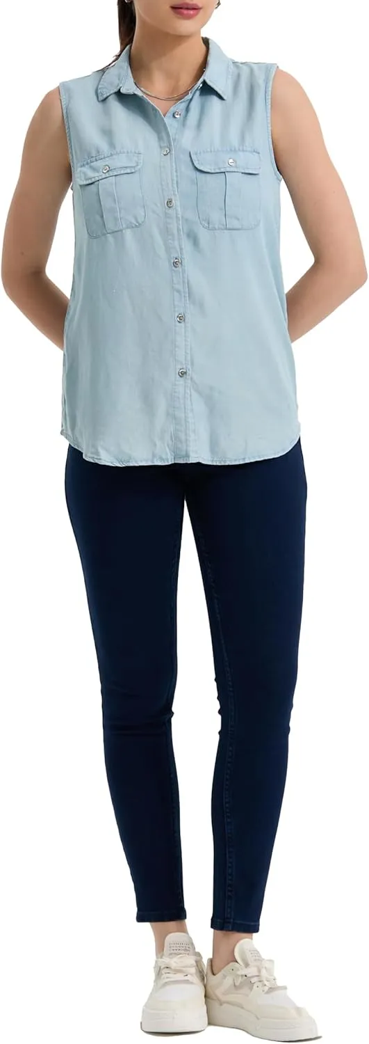 Women's V Neck Denim Tank Sleeveless Button Down Shirts Collared Casual Jean Blouse Tops