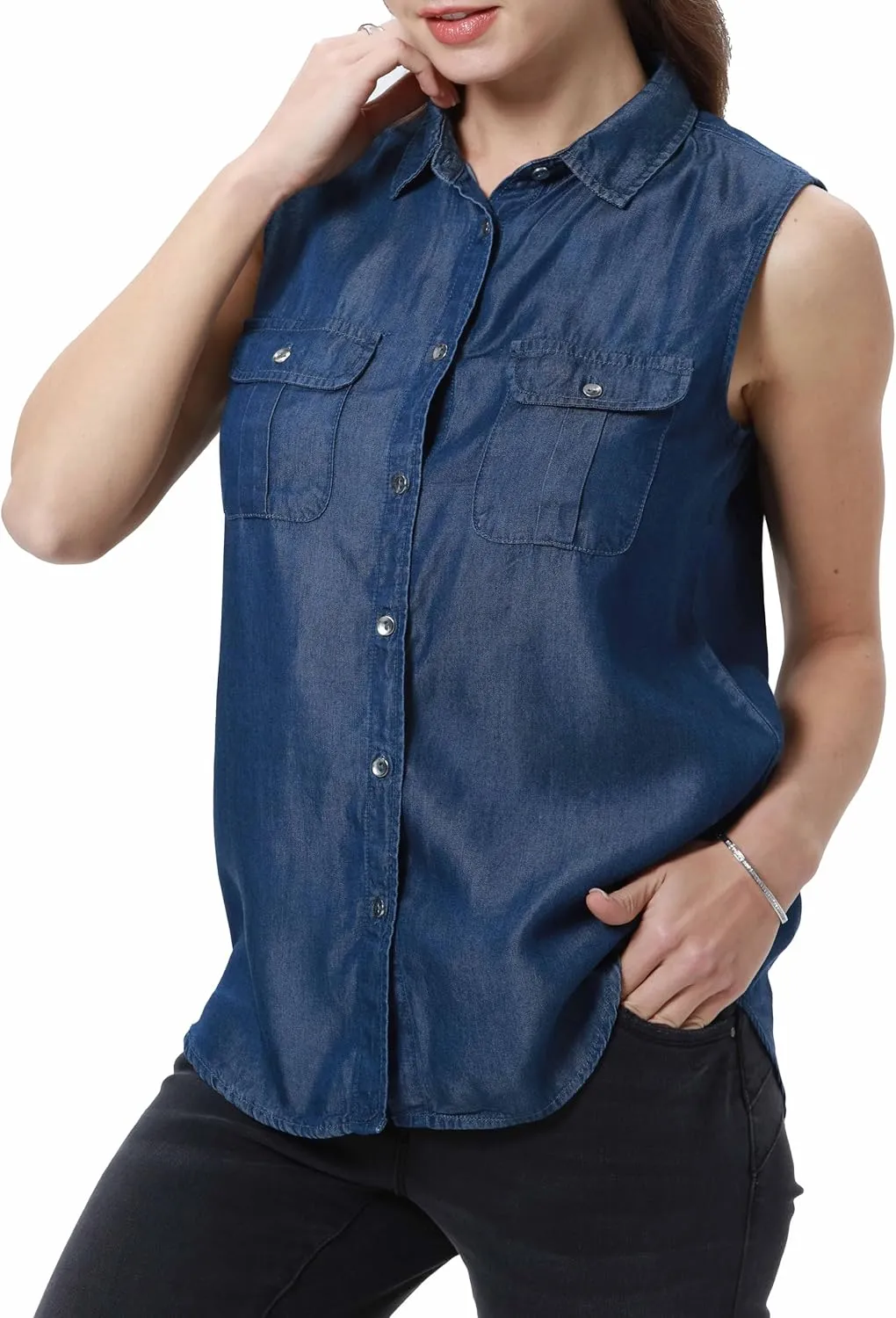 Women's V Neck Denim Tank Sleeveless Button Down Shirts Collared Casual Jean Blouse Tops