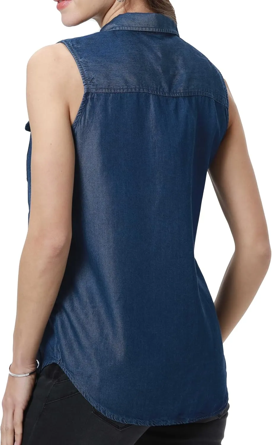 Women's V Neck Denim Tank Sleeveless Button Down Shirts Collared Casual Jean Blouse Tops