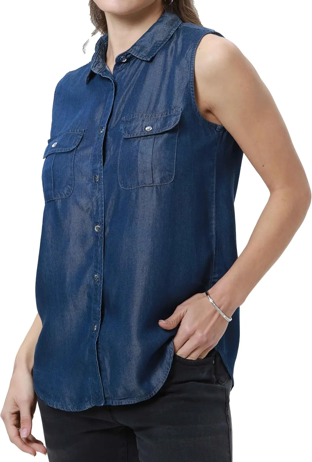 Women's V Neck Denim Tank Sleeveless Button Down Shirts Collared Casual Jean Blouse Tops