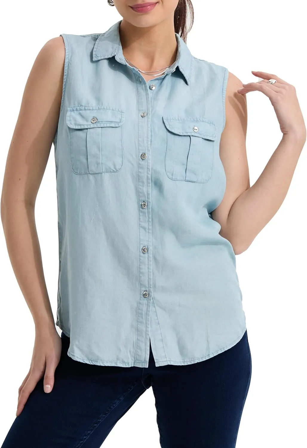 Women's V Neck Denim Tank Sleeveless Button Down Shirts Collared Casual Jean Blouse Tops