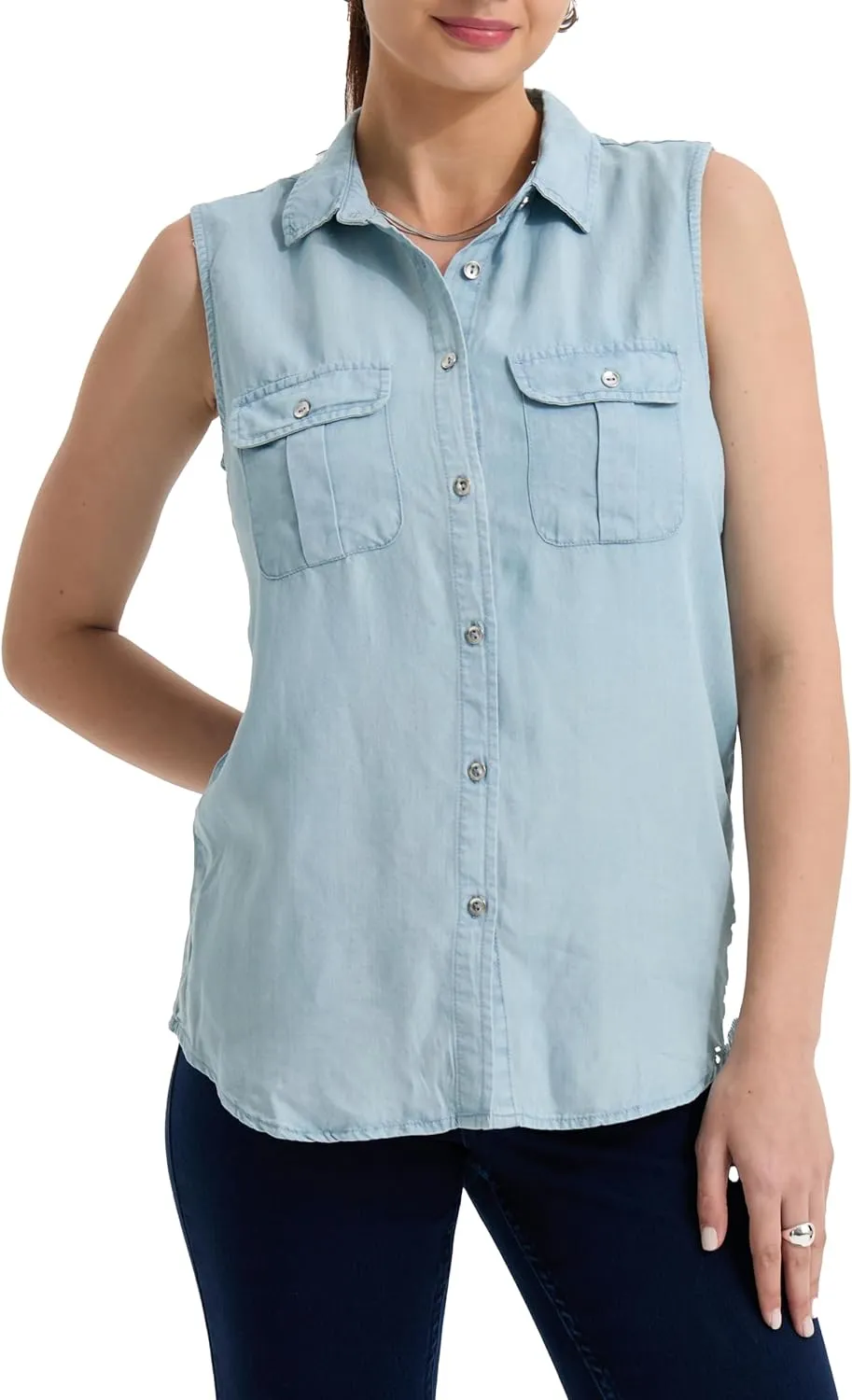 Women's V Neck Denim Tank Sleeveless Button Down Shirts Collared Casual Jean Blouse Tops