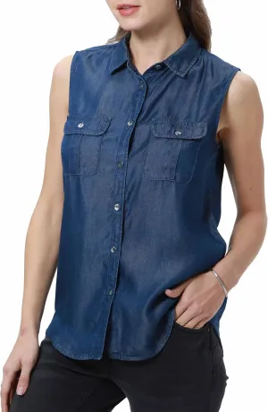 Women's V Neck Denim Tank Sleeveless Button Down Shirts Collared Casual Jean Blouse Tops