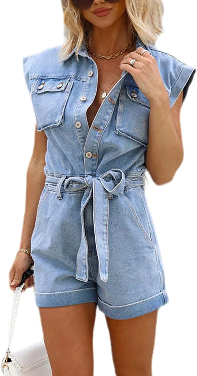 Women's Vintage Short Sleeve Front Button Denim Romper Waist Tie Cute Stretch Distressed Jean Jumpsuit Shorts