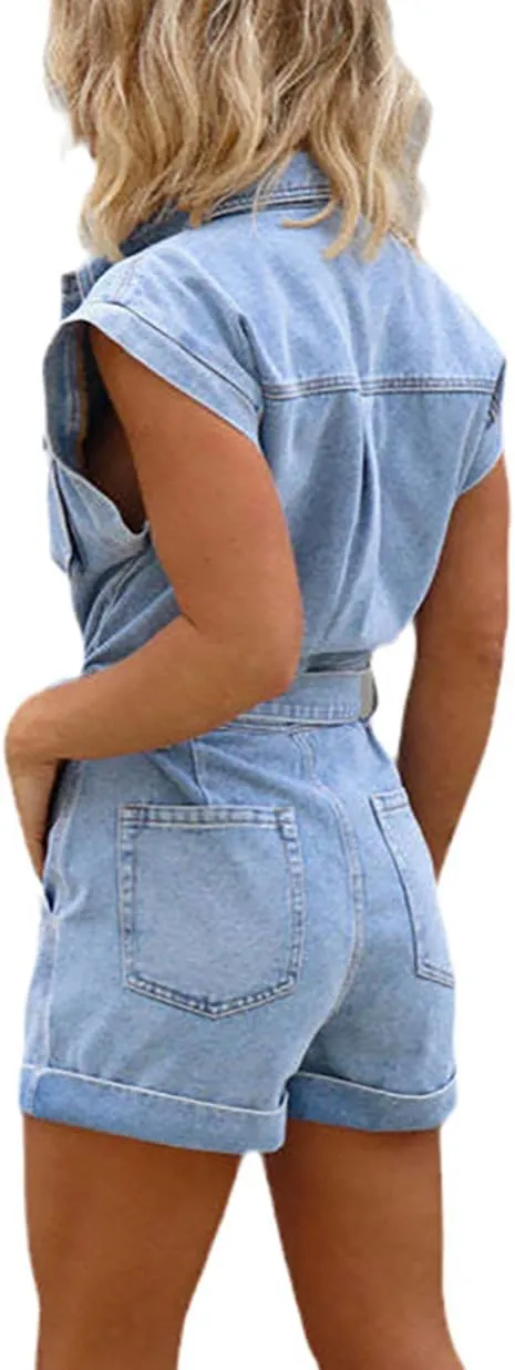 Women's Vintage Short Sleeve Front Button Denim Romper Waist Tie Cute Stretch Distressed Jean Jumpsuit Shorts