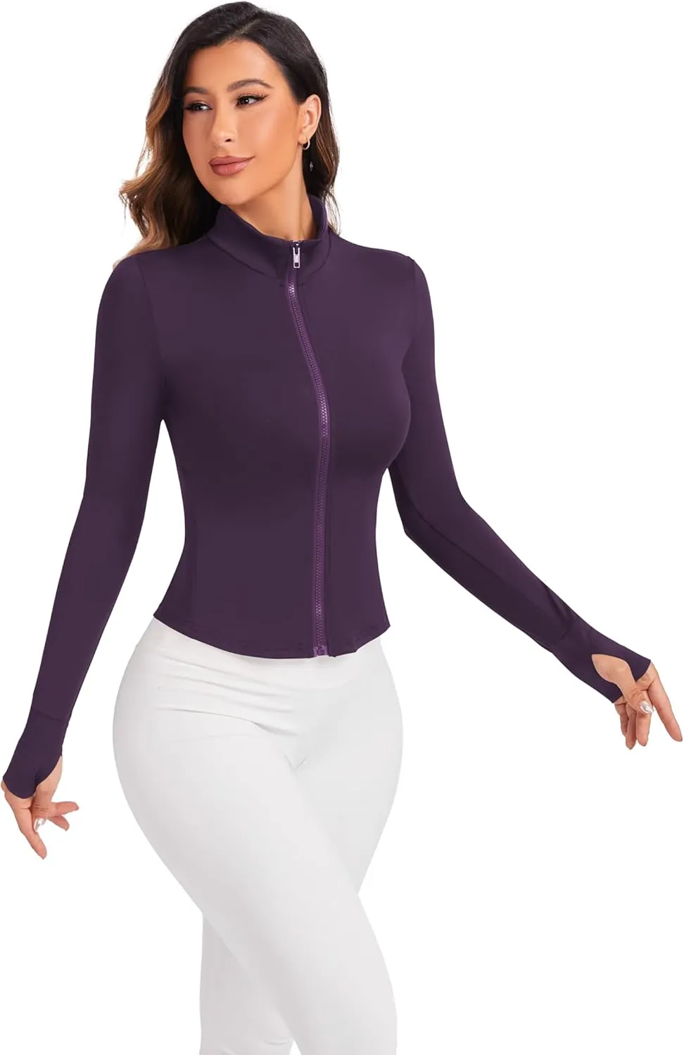 Women's Workout Zip Up Jacket, Cropped Running Athletic Jackets Slim Fit Gym Tops with Thumb Holes