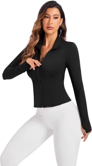 Women's Workout Zip Up Jacket, Cropped Running Athletic Jackets Slim Fit Gym Tops with Thumb Holes