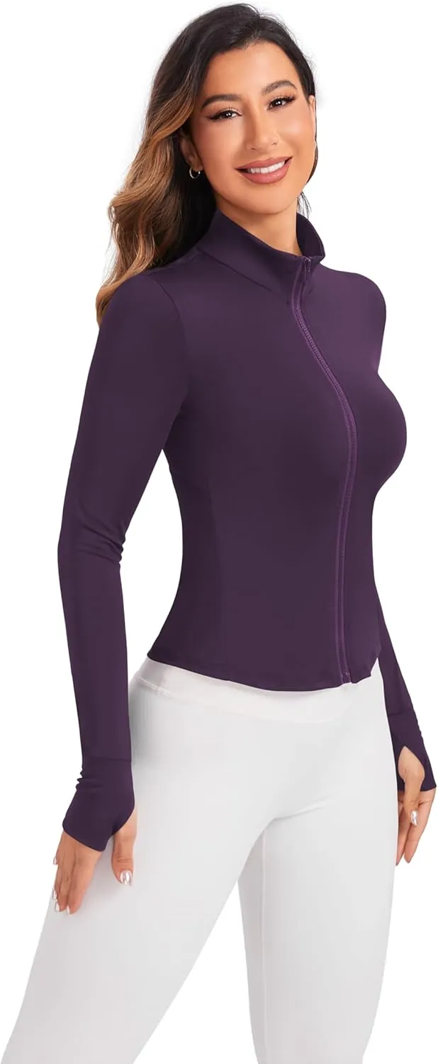 Women's Workout Zip Up Jacket, Cropped Running Athletic Jackets Slim Fit Gym Tops with Thumb Holes