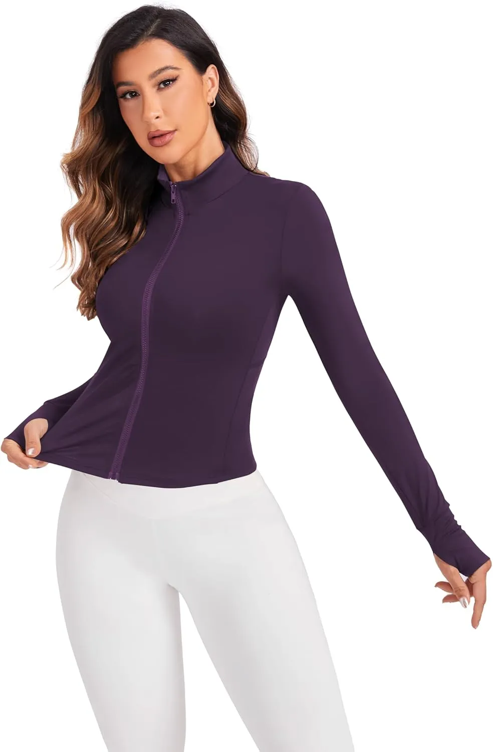 Women's Workout Zip Up Jacket, Cropped Running Athletic Jackets Slim Fit Gym Tops with Thumb Holes