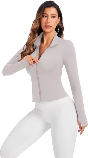 Women's Workout Zip Up Jacket, Cropped Running Athletic Jackets Slim Fit Gym Tops with Thumb Holes