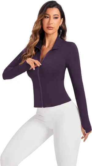 Women's Workout Zip Up Jacket, Cropped Running Athletic Jackets Slim Fit Gym Tops with Thumb Holes