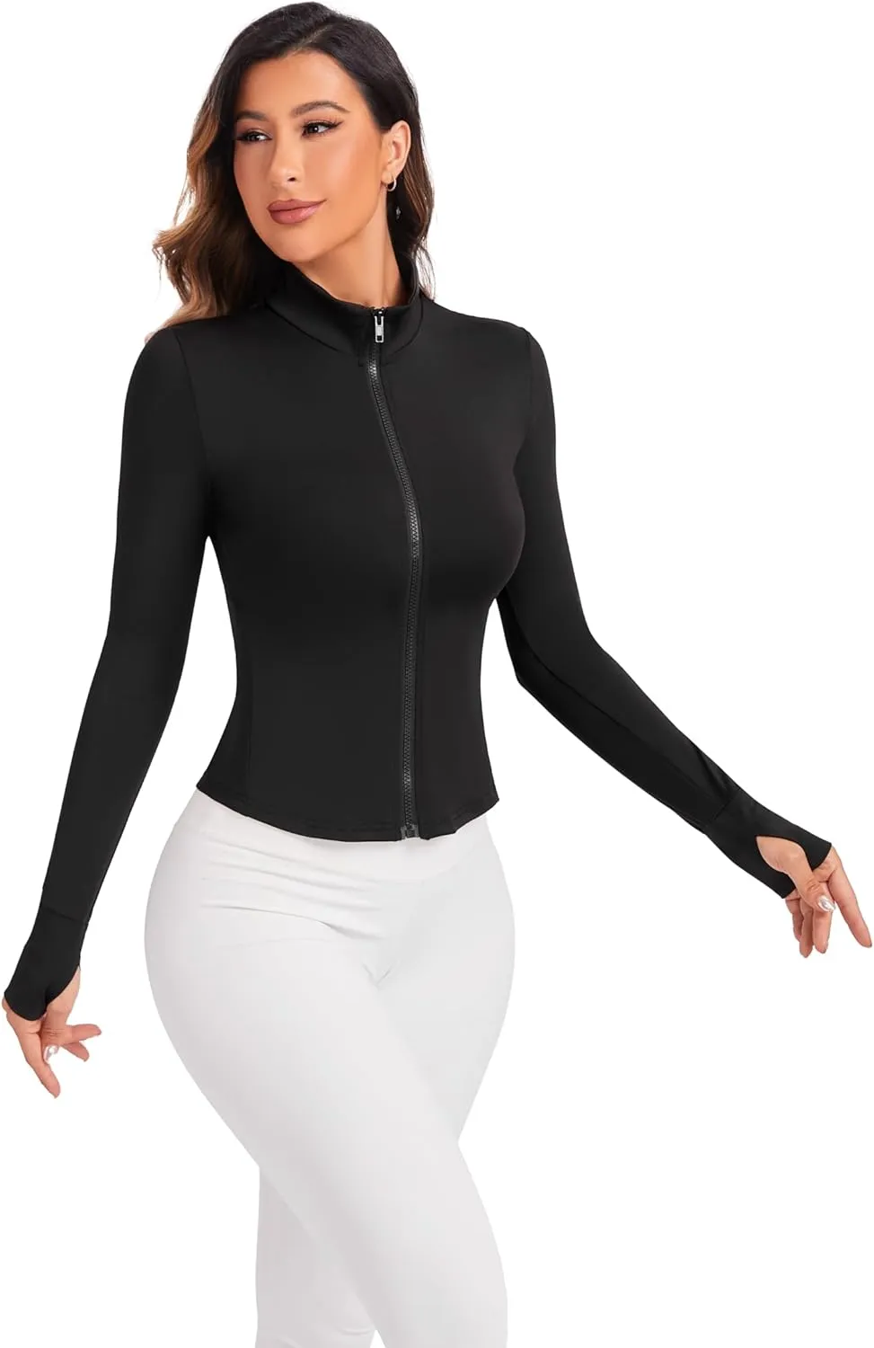 Women's Workout Zip Up Jacket, Cropped Running Athletic Jackets Slim Fit Gym Tops with Thumb Holes