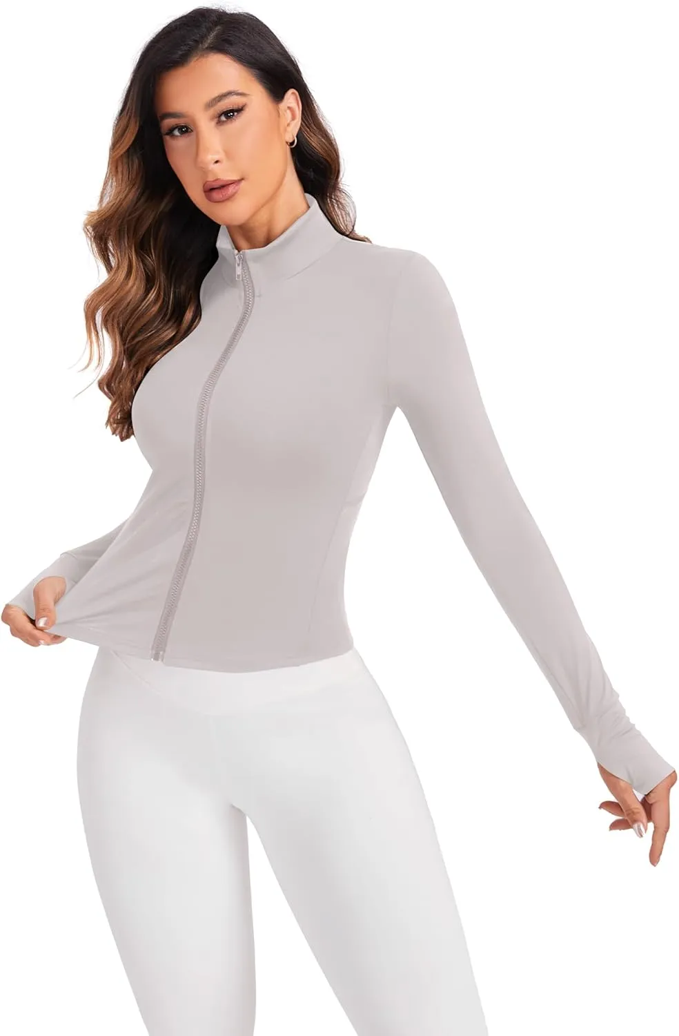 Women's Workout Zip Up Jacket, Cropped Running Athletic Jackets Slim Fit Gym Tops with Thumb Holes