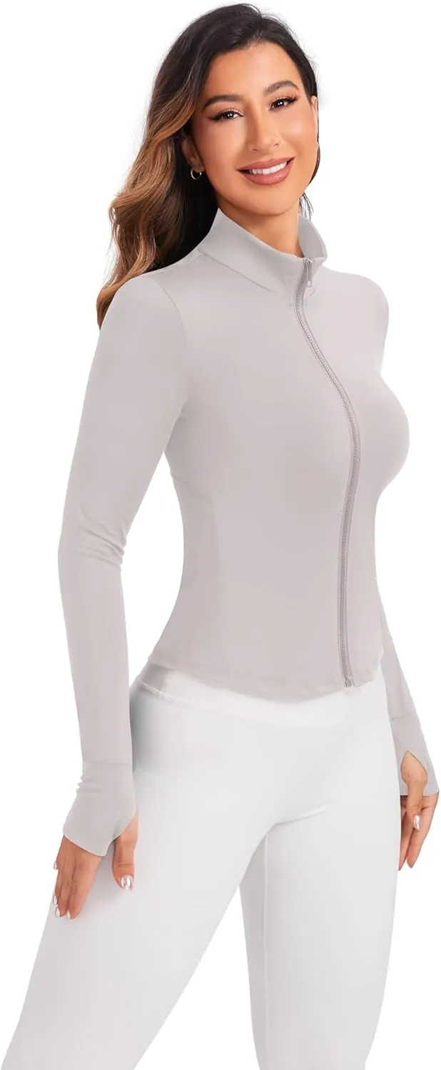 Women's Workout Zip Up Jacket, Cropped Running Athletic Jackets Slim Fit Gym Tops with Thumb Holes