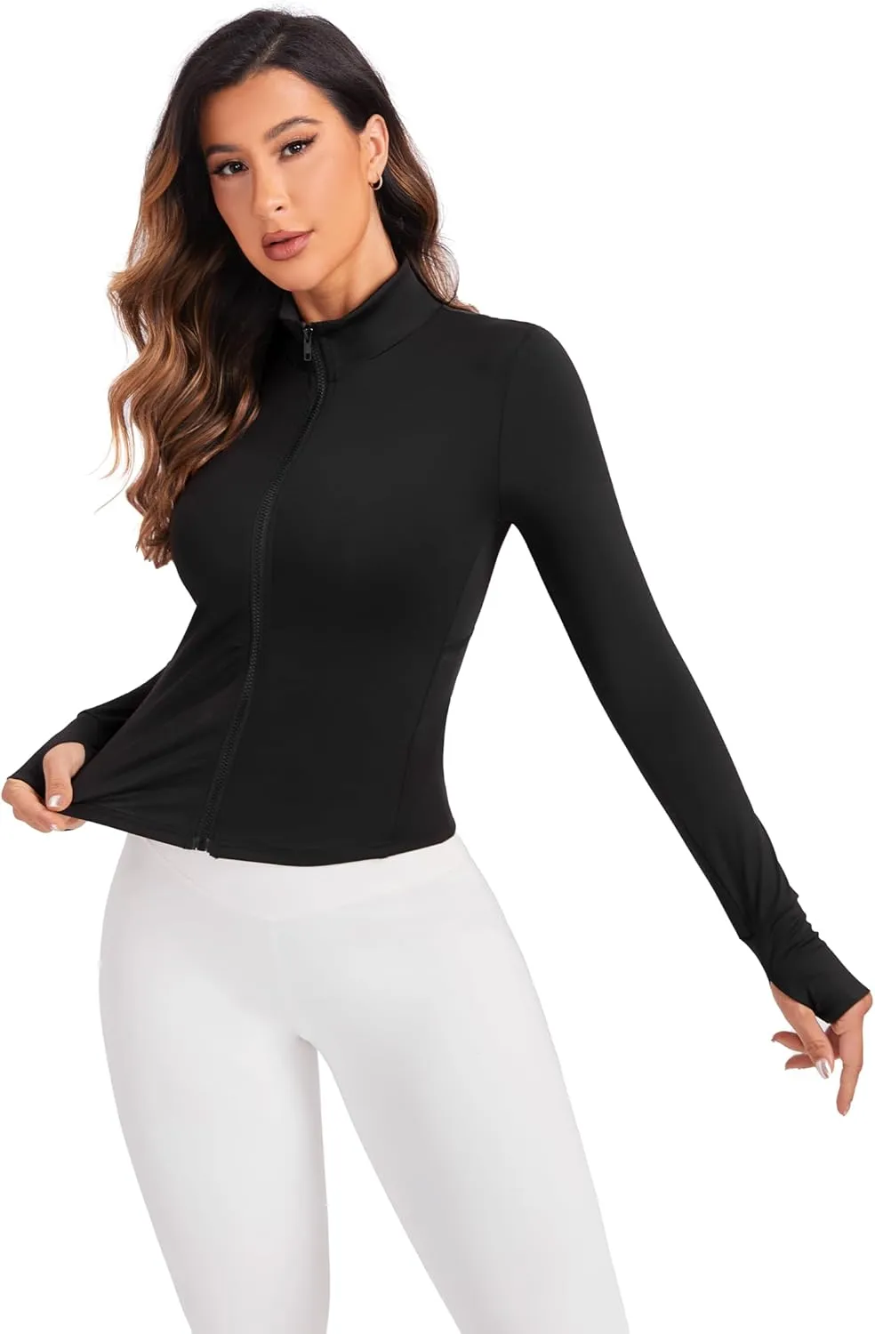 Women's Workout Zip Up Jacket, Cropped Running Athletic Jackets Slim Fit Gym Tops with Thumb Holes