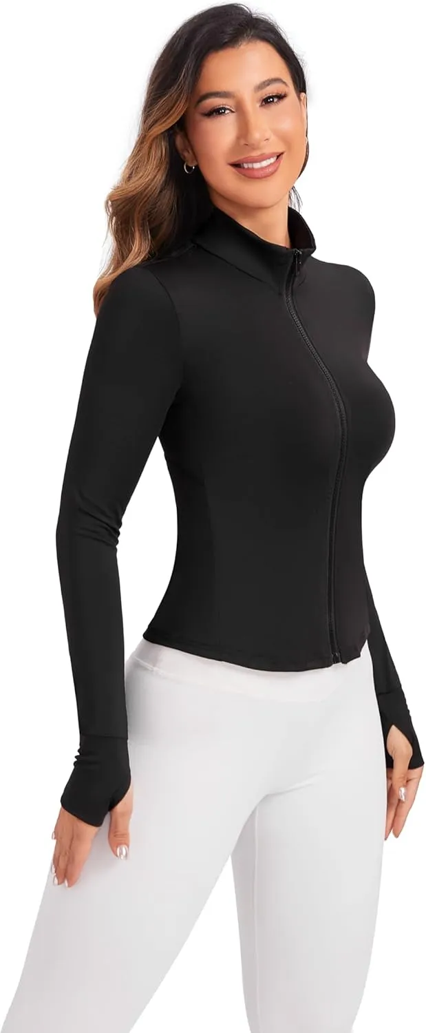 Women's Workout Zip Up Jacket, Cropped Running Athletic Jackets Slim Fit Gym Tops with Thumb Holes