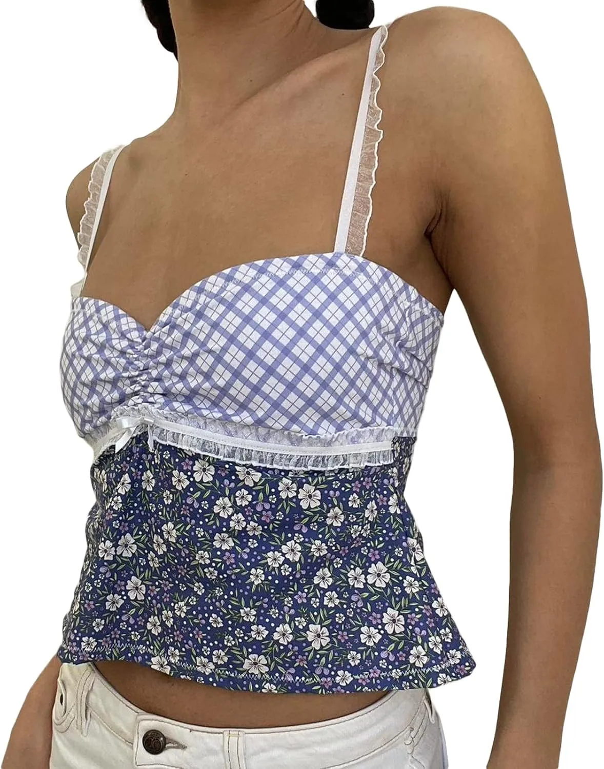Women's Y2k Spaghetti Strap Lace Camisole Sleeveless Floral Print Ruffle Cami Top Slim Fit Crop Tops Streetwear