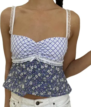 Women's Y2k Spaghetti Strap Lace Camisole Sleeveless Floral Print Ruffle Cami Top Slim Fit Crop Tops Streetwear