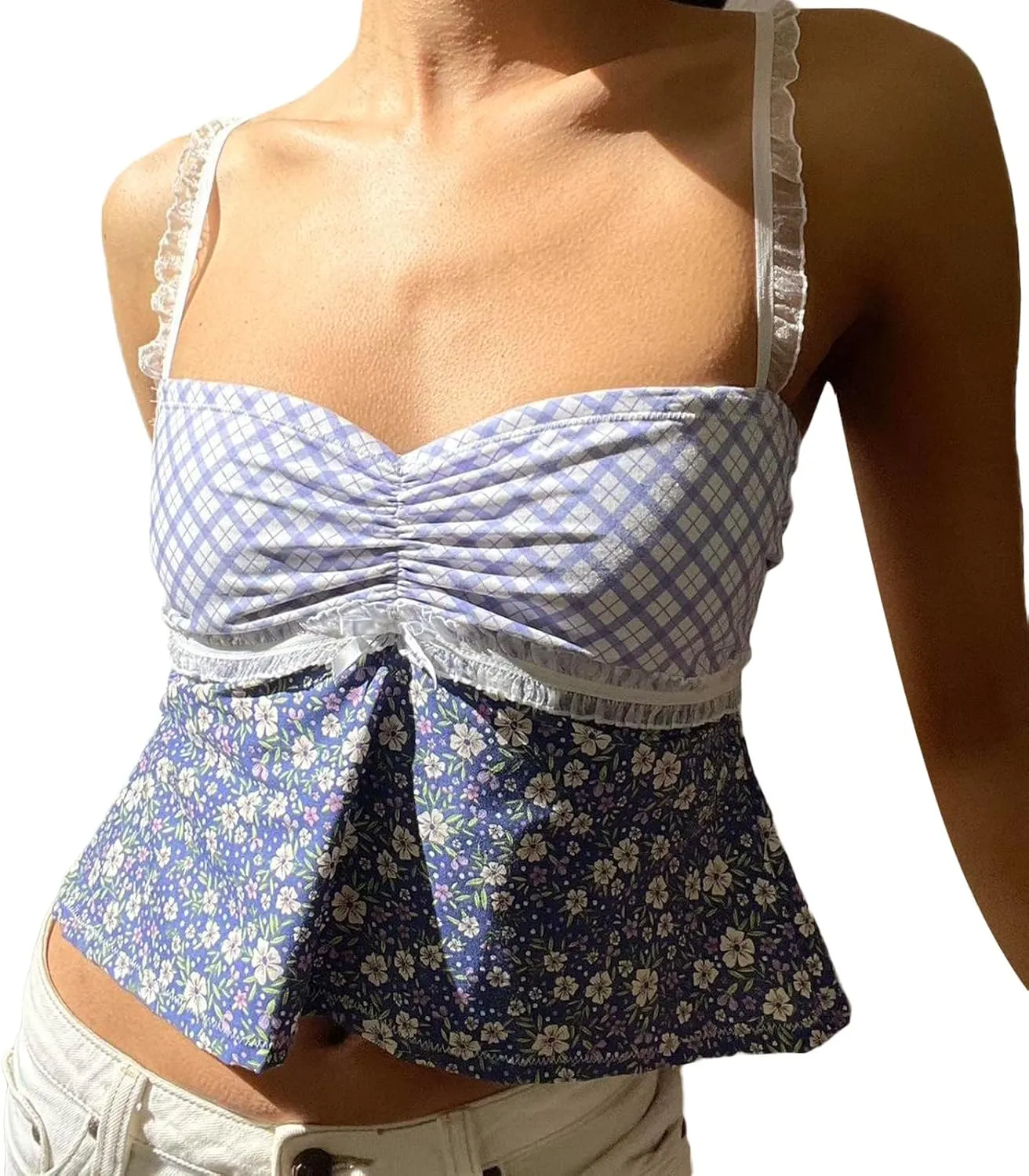 Women's Y2k Spaghetti Strap Lace Camisole Sleeveless Floral Print Ruffle Cami Top Slim Fit Crop Tops Streetwear