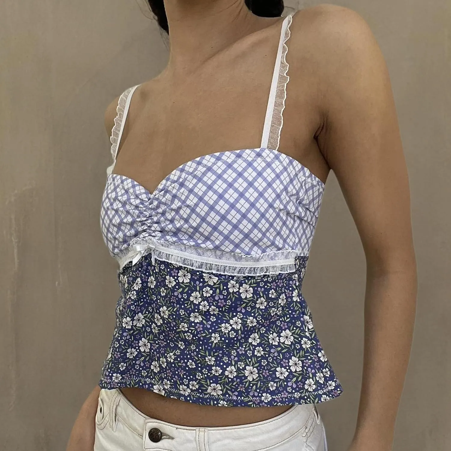 Women's Y2k Spaghetti Strap Lace Camisole Sleeveless Floral Print Ruffle Cami Top Slim Fit Crop Tops Streetwear