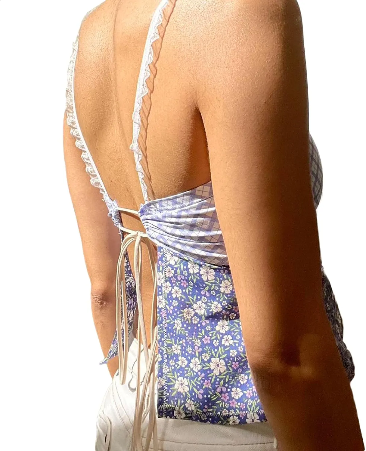 Women's Y2k Spaghetti Strap Lace Camisole Sleeveless Floral Print Ruffle Cami Top Slim Fit Crop Tops Streetwear