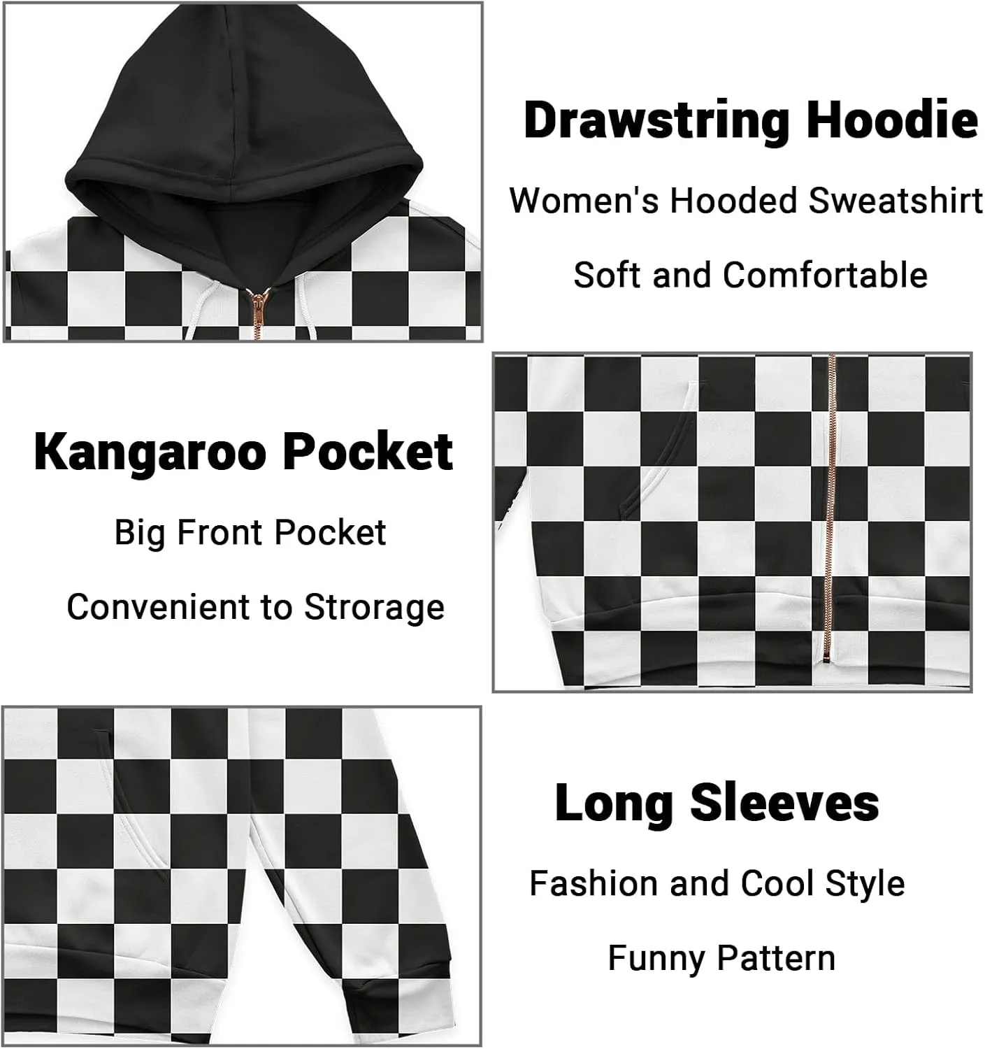 Womens Zip Front Plaid Sweatshirts Print Hoodie Fall Jackets Long Sleeve Casual Drawstring Clothes